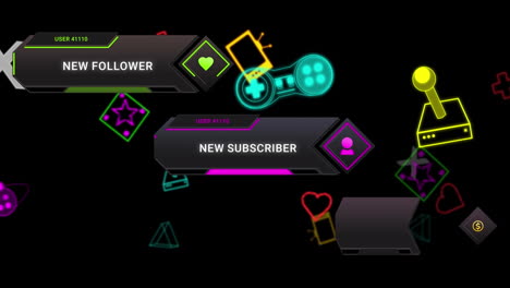 animación de iconos de redes sociales y textos sobre iconos de juegos