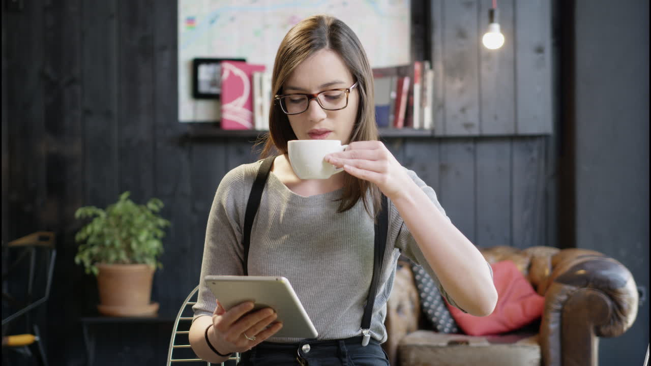 mujer trabajando en la tableta y bebiendo