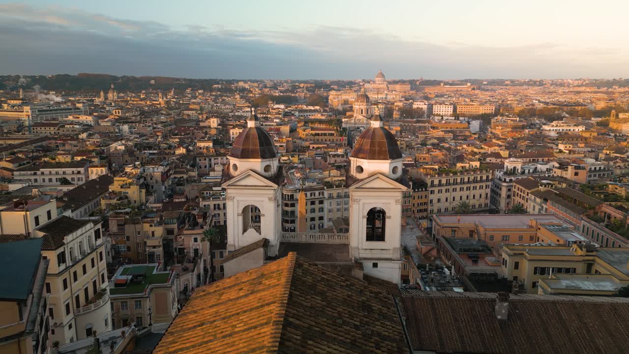 Incredible Aerial View Above Piazza di Spagna, Trinit&agrave; dei Monti Church, Spanish Steps Staircase