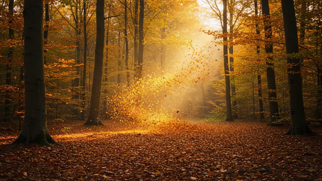 A Captivating Autumn Forest Scene Illuminated by Golden Sunlight as Leaves Dance in the Air, Creating a Magical and Tranquil Atmosphere in Nature
