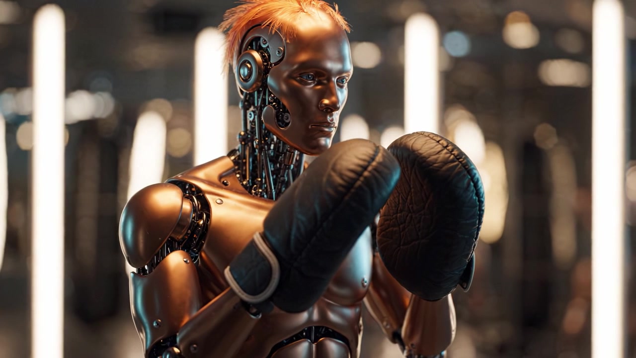 A futuristic boxing robot in a training environment, showcasing intricate details and advanced technology, prepares for an energetic match with determination and focus.