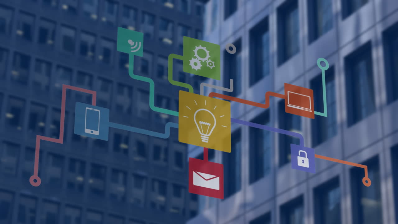 도시 풍경 위의 아이콘으로 연결된 네트워크의 애니메이션