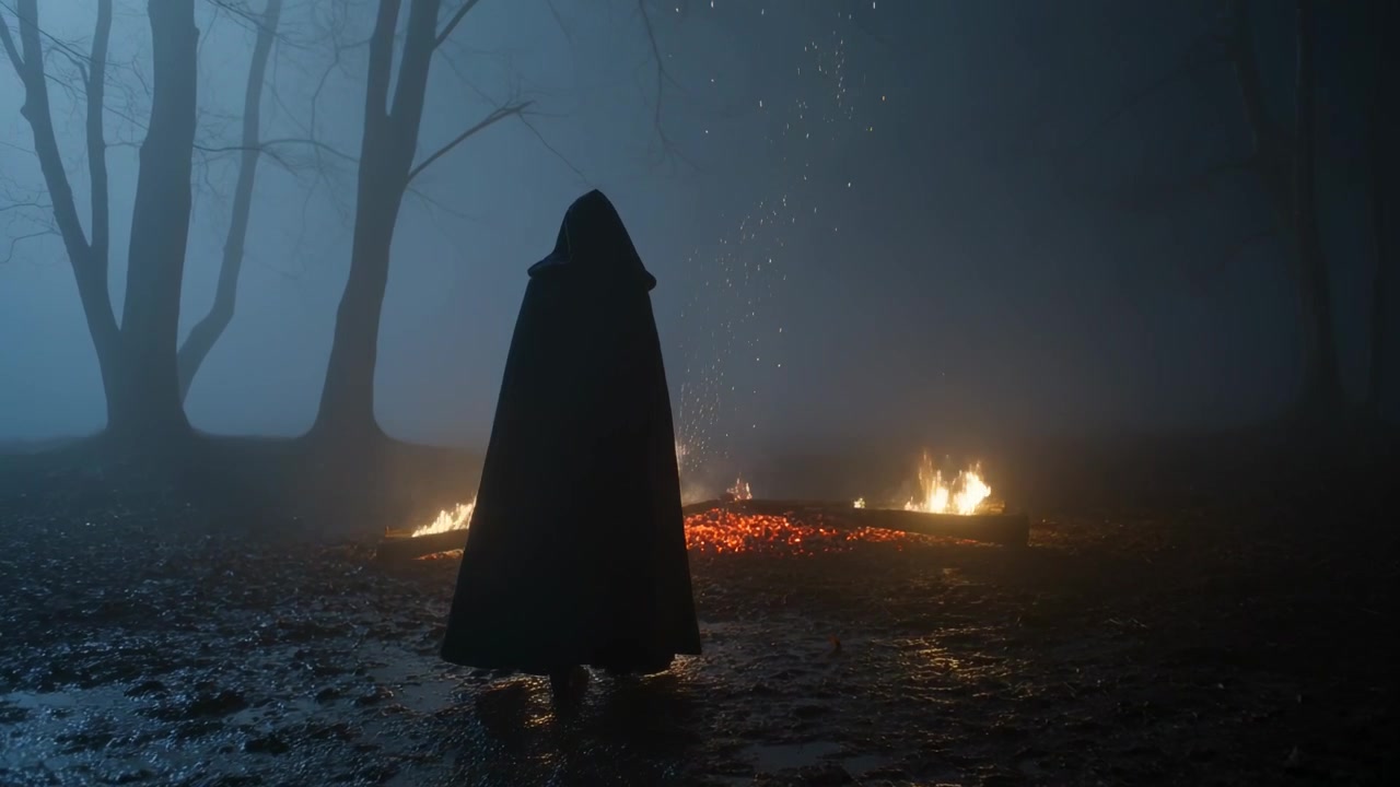 Figura incappucciata che cammina con mantello nero si avvicina alle braci, osservando le fiamme in una radura nebbiosa di notte.