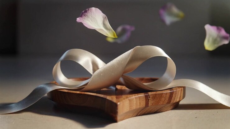 Petali rosa che entrano nell'inquadratura da destra in alto, fluttuando accanto a un nastro di raso chiaro su una tavola di legno a forma di cuore