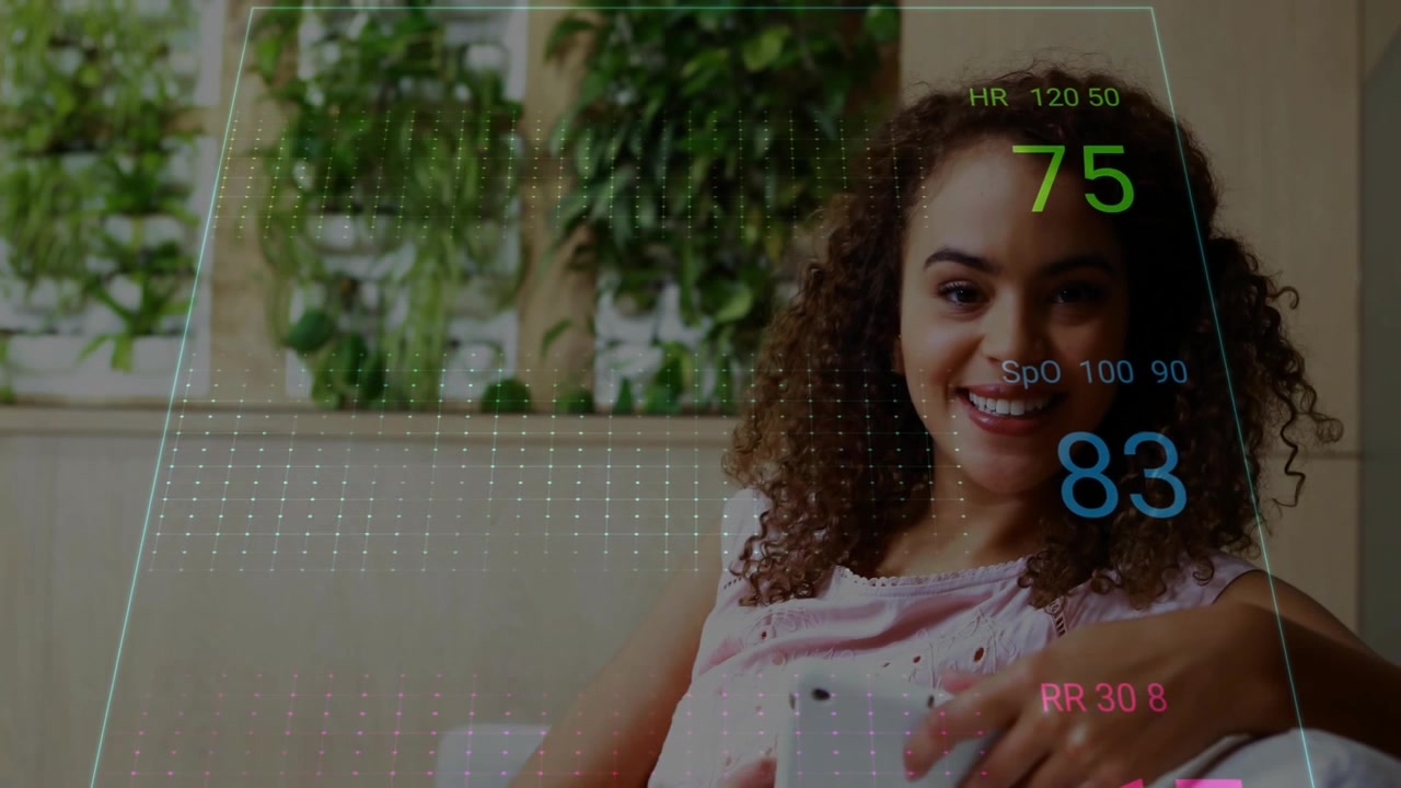 Woman tapping phone, placing hand on belly, viewing ECG waves and vitals checking health at home