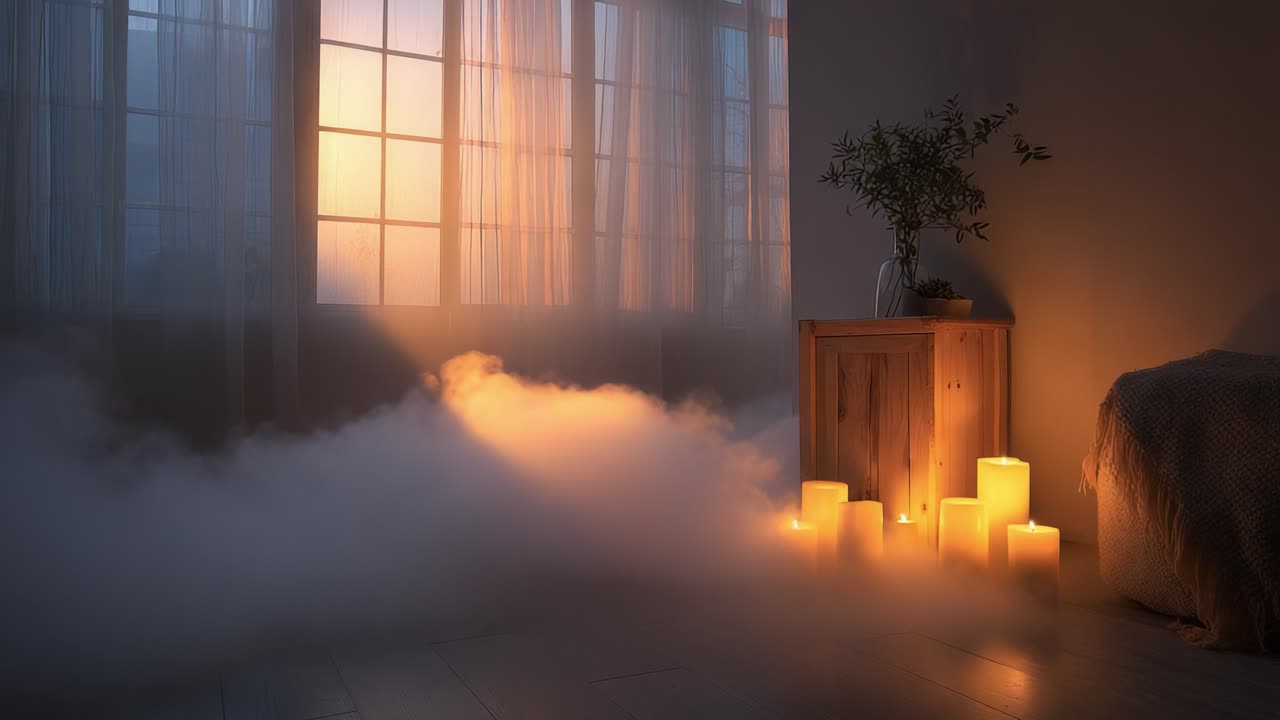A Serene Evening Scene with Soft Candlelight and Gentle Fog, Illuminating a Cozy Room Through Sunlit Windows and Translucent Drapes