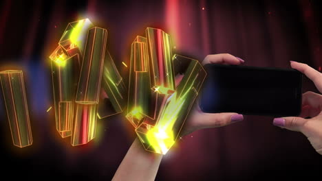 animation of diamonds moving over black background and hand holding smartphone with copy space