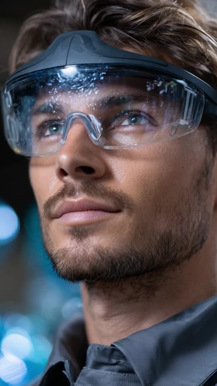 Focused Male Professional Wearing Protective Glasses Staring Ahead with Intense Expression in a Modern Technological Environment Full of Reflections