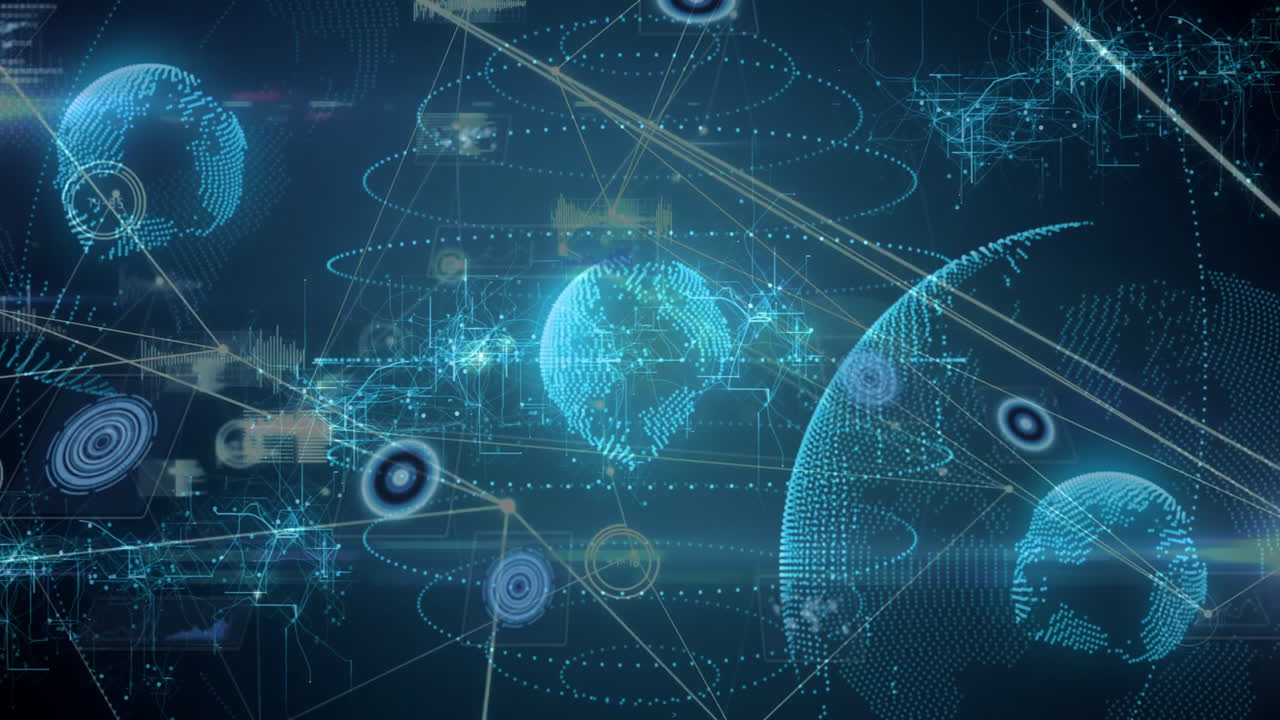 Digital globe surrounded by futuristic data and network connections animation