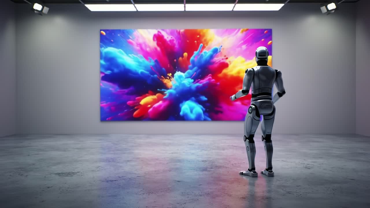 A futuristic robot observes a vibrant and colorful abstract artwork, filled with rich hues of blue, pink, and yellow, showcasing a captivating blend of creativity and technology