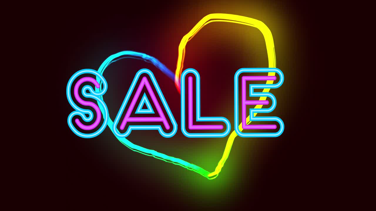 animación de corazón de neón y texto de venta sobre fondo negro