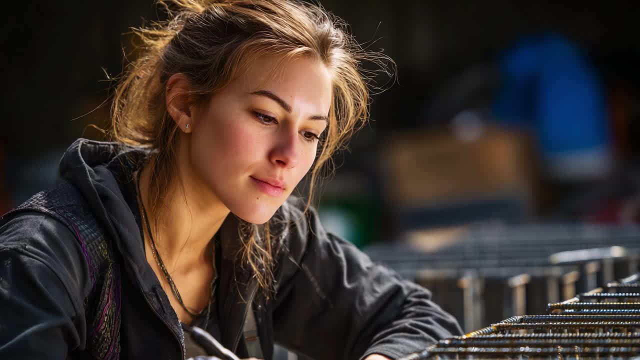 Focused and Determined Artisan Engaged in Precision Craftsmanship, Showcasing Skills in Metalwork or Construction, with a Diligent Expression Reflecting Commitment and Passion for Her Work
