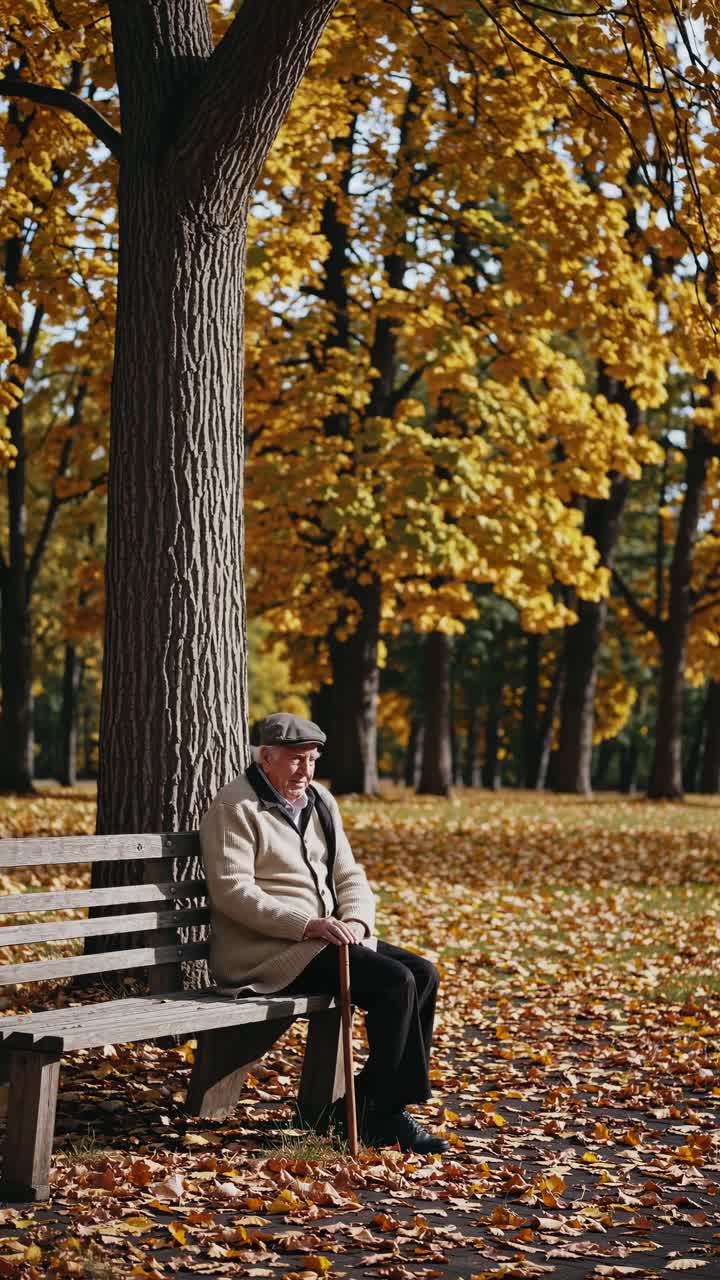 A serene autumn scene with an elderly man sitting on a park bench, captured from a side angle