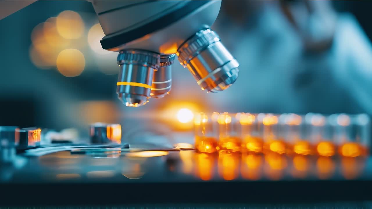 Close-Up of Microscope Focusing on a Sample in a Laboratory