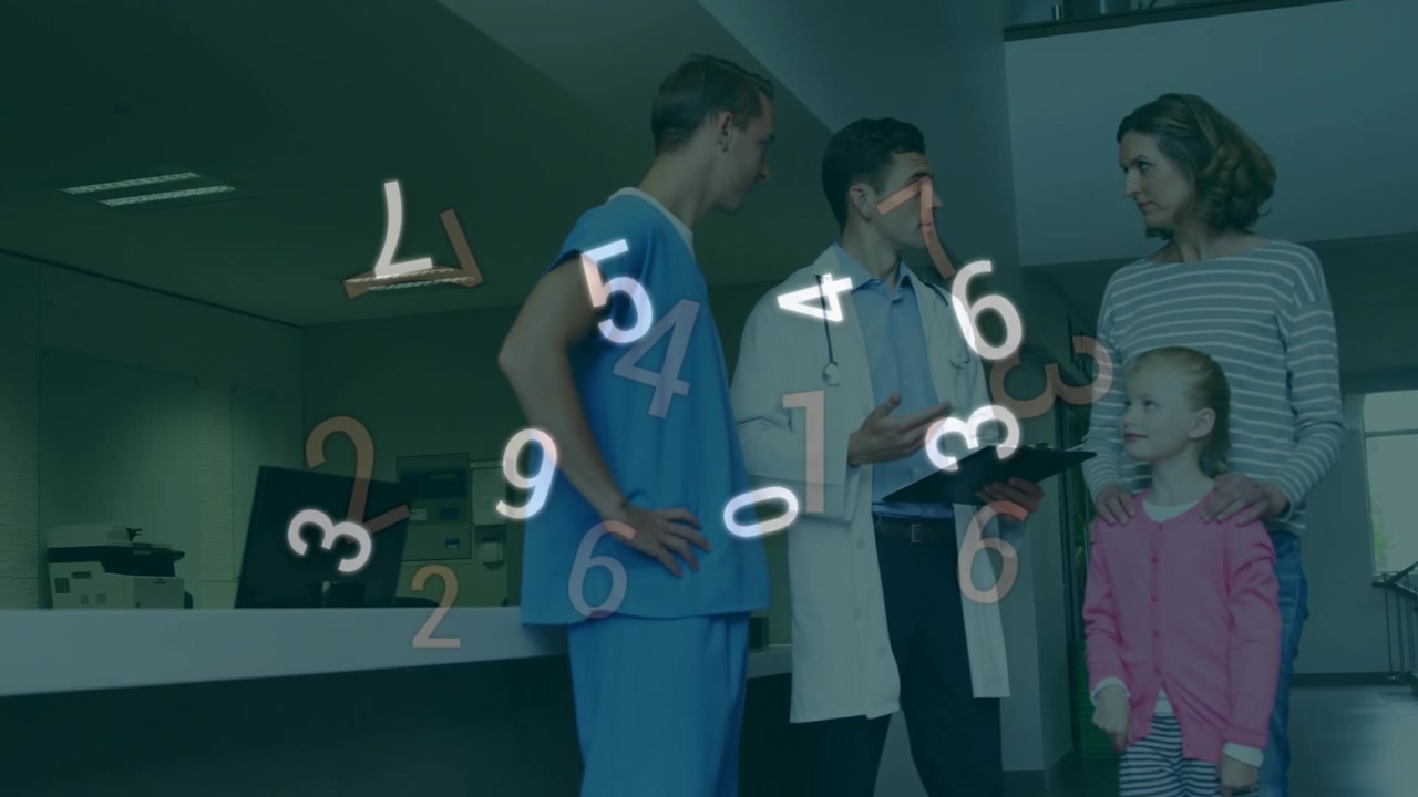 Video vertical: Números flotantes apareciendo, médico con bata explicando pruebas en la clínica con un portapapeles.