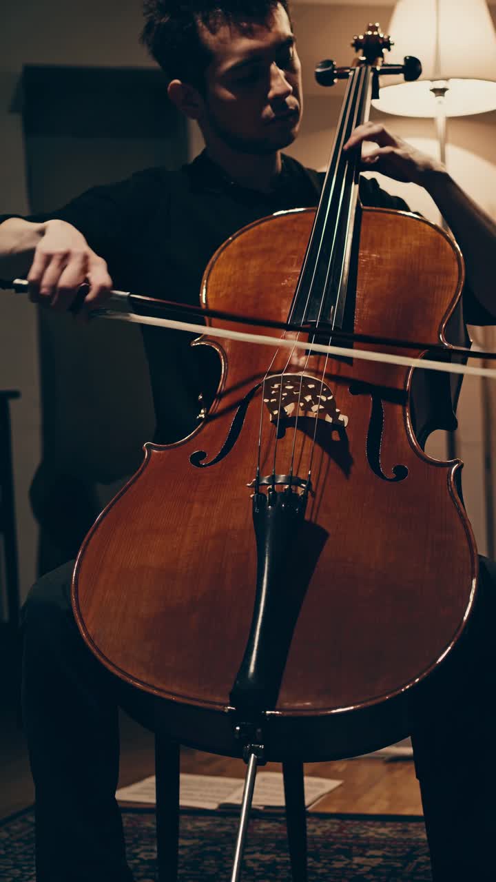 A moody, low-angle video captures a cellist passionately playing in a dimly lit room