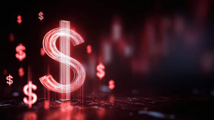 Luminous red dollar sign rotating in a dark digital environment with smaller currency symbols rising, representing concepts of financial crisis, stock market volatility, and economic downturn