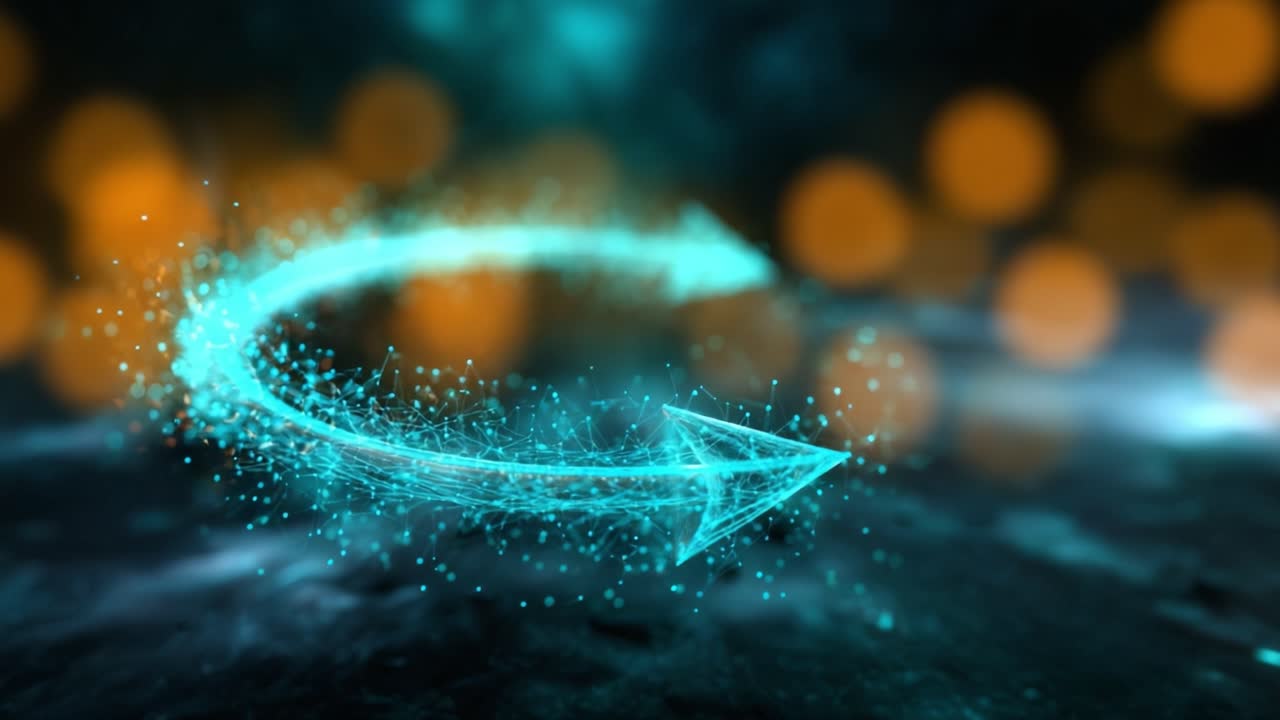 Rappresentazione dinamica di una freccia luminosa in movimento, circondata da particelle ed effetti di luce, che illustra l'energia e la direzione con un'estetica futuristica