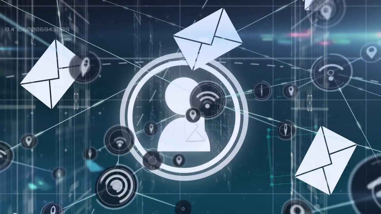 Animation af et netværk af forbindelser over ikoner på sort baggrund