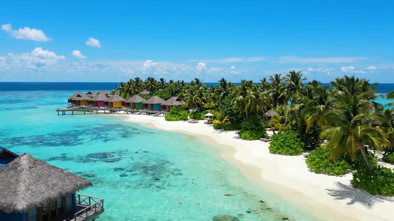 Una Impresionante Vista General de Bungalows Sobre el Agua Anidados Entre Palmeras Tropicales y Aguas Azules Cristalinas, Creando una Escapada Idílica en el Corazón del Paraíso
