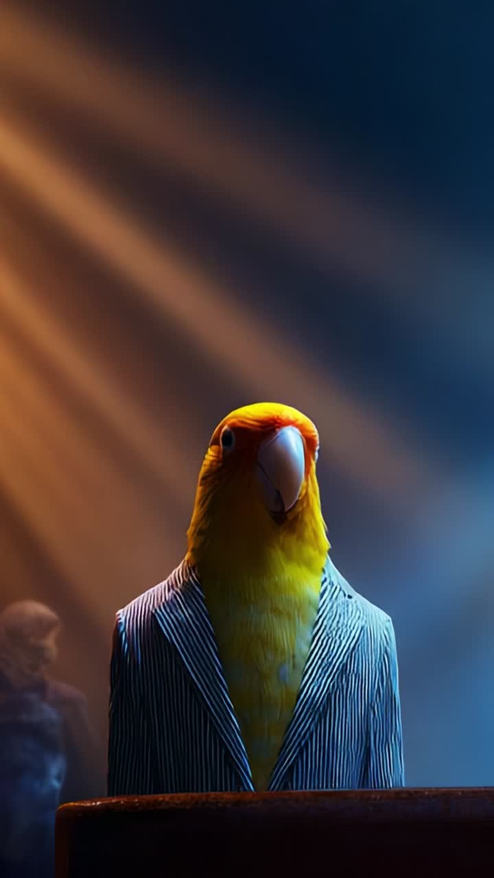 Un ritratto insolito di un uccello colorato vestito con un abito elegante, catturato sullo sfondo suggestivo di luci e ombre