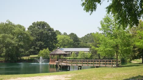 picturesque lake setting with a delightful pavilion positioned in the center, surrounded by a lush canopy of trees