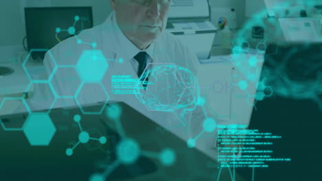 animación del procesamiento de datos científicos sobre un científico caucásico en el laboratorio.