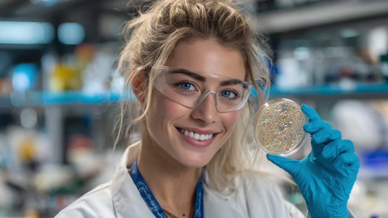A Confident Scientist Showcases an Innovative Petri Dish Culture in a Modern Laboratory Setting, Demonstrating Fascination with Microbiology and Sustainable Research