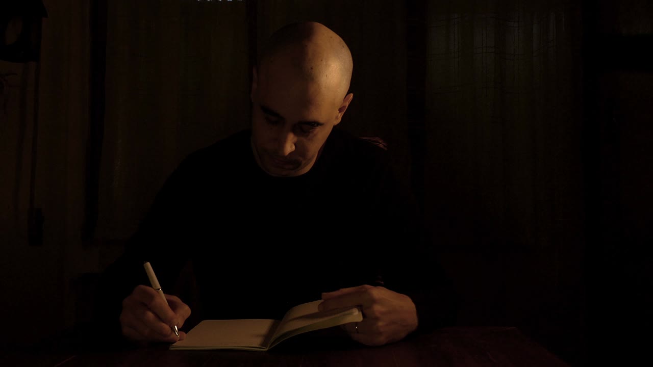 hombre sentado solo en la escena oscura está escribiendo algunas notas en su libro