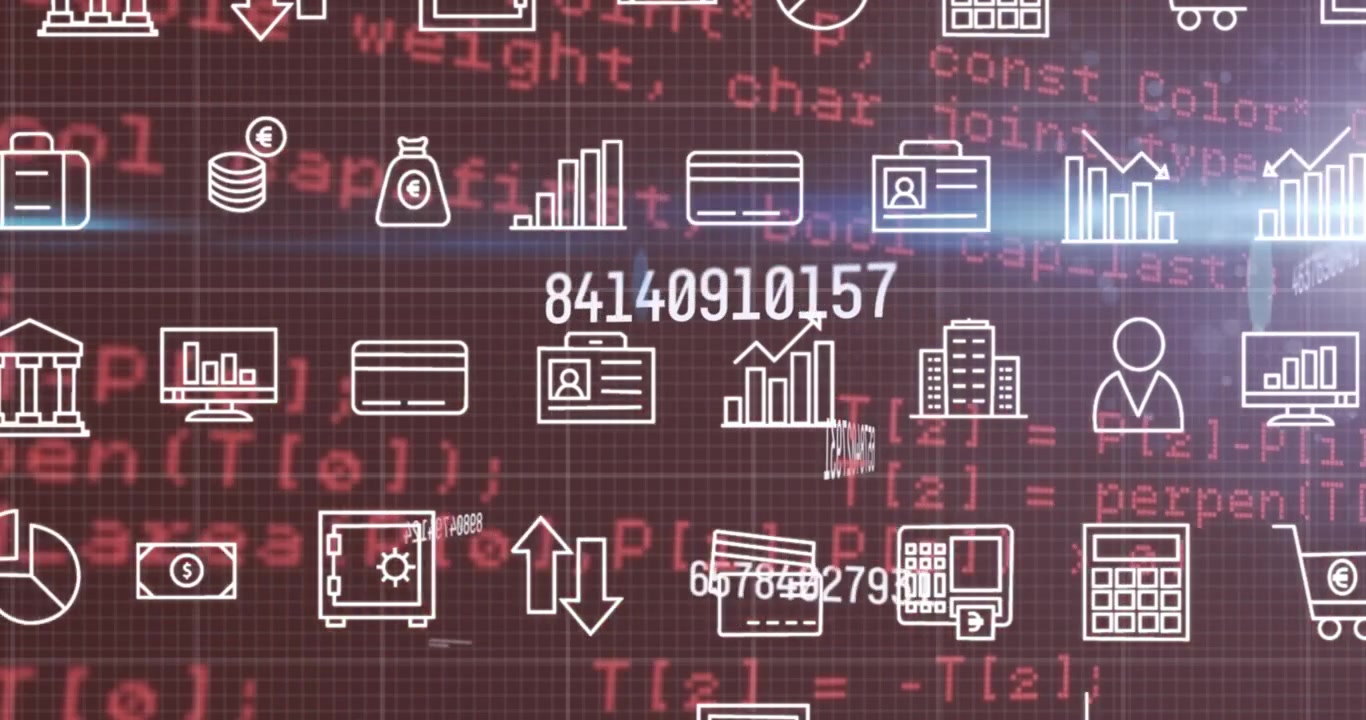 赤い背景でデータ処理が行われる中、変化する複数の数字とデジタルアイコンのアニメーション。