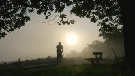 person walking through misty morning landscape at sunrise
