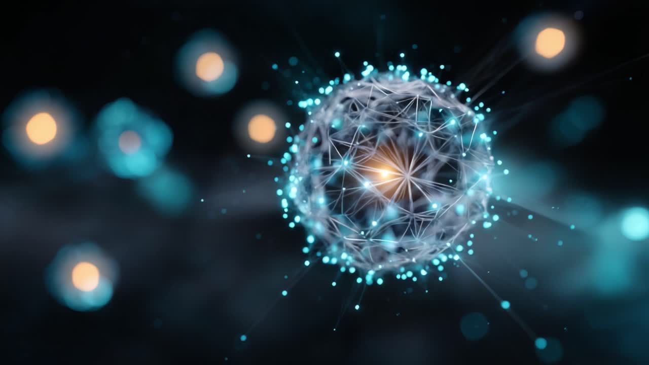 A stunning visual representation of a molecular structure showcasing vibrant blue and luminous particles, highlighting the intricacy of the microscopic world in dynamic motion