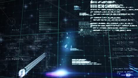 animation of blue light spot and data processing over grid network against blue background