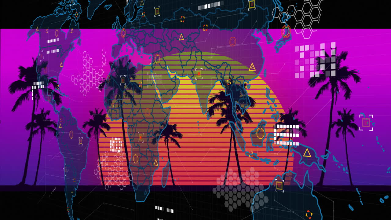 Digital world map and palm trees over vibrant sunset animation