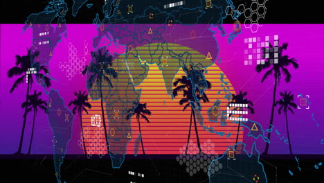 Digital world map and palm trees over vibrant sunset animation