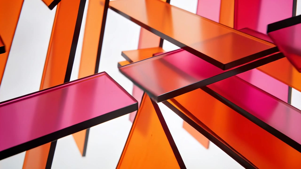 Skiftende kamera, der får magenta og orange paneler til at glide og rotere i et studie, afslørende sorte stænger