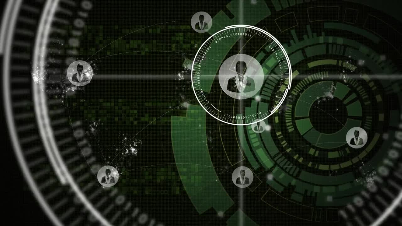 animación del procesamiento de datos y iconos de personas digitales sobre el giro del alcance