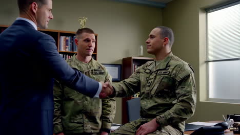 professional handshake: soldiers and businessman in office meeting