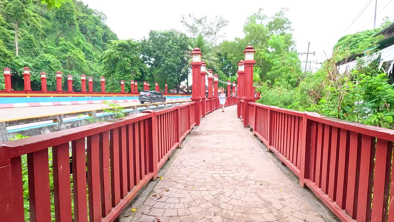 열대 공원 에서 은 나무 다리 를 고 있는 여자