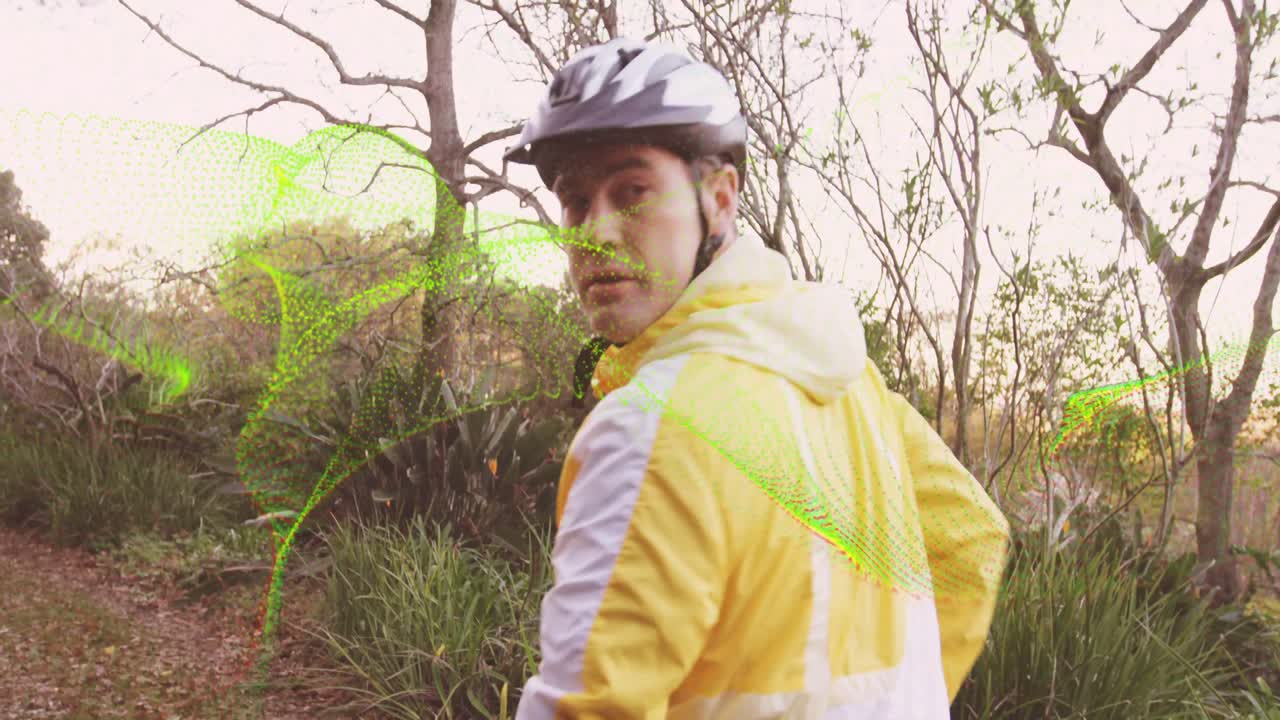 Cycling enthusiast pedaling on mountain bike on forest trail with animated path guiding navigation