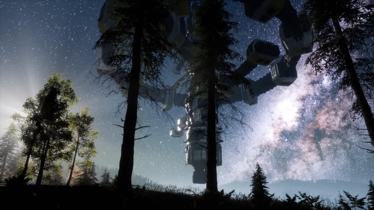 UFO hovering over a forest at night with light beam