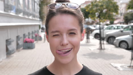 happy woman smiling on city street
