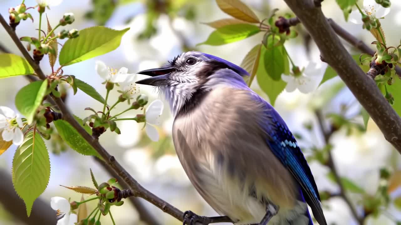 Una vivace ghiandaia azzurra canta tra i ciliegi in fiore, catturando l'essenza della bellezza primaverile e la gioia della natura in una scena di giardino soleggiato.