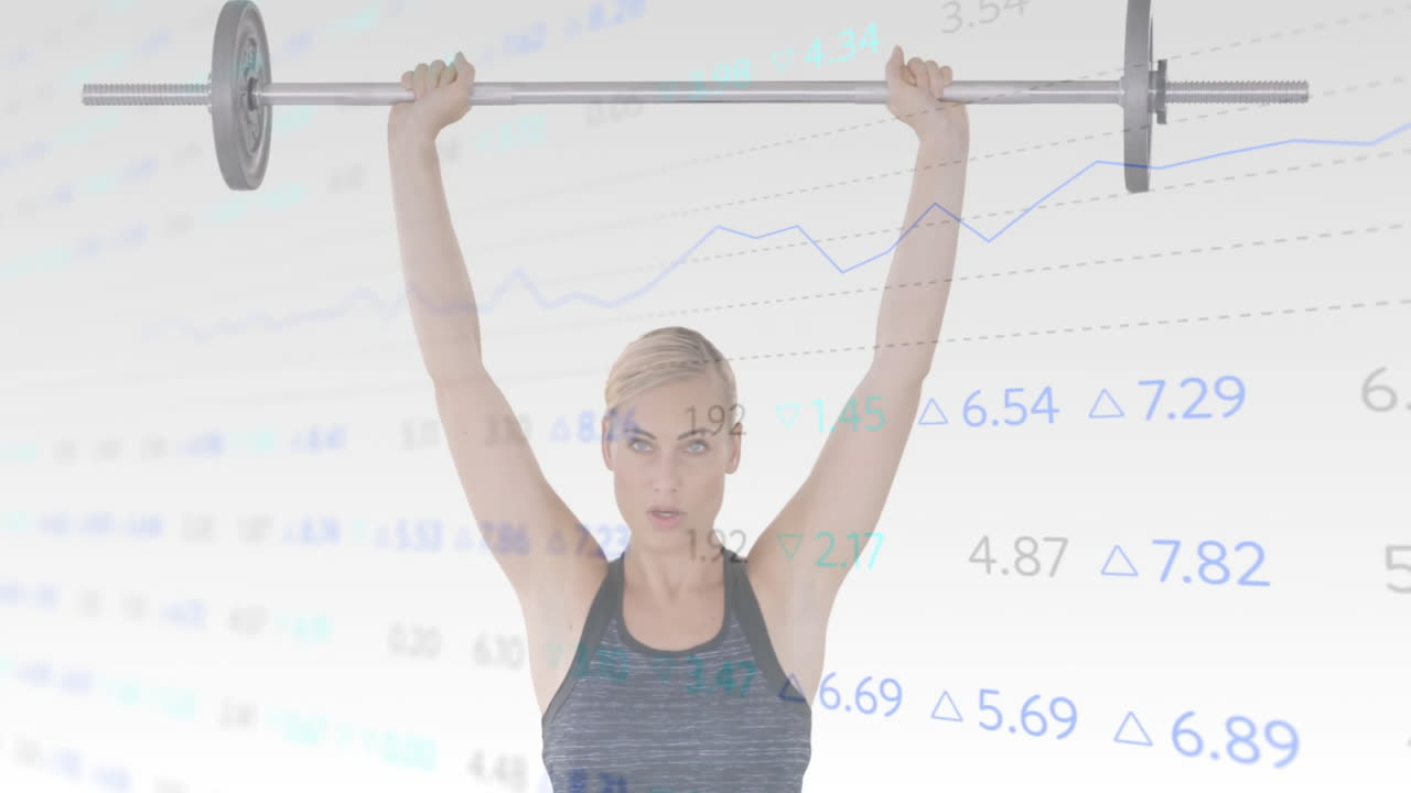 Woman lifting barbell overhead in fitness tech scene, with floating line graphs and numeric data