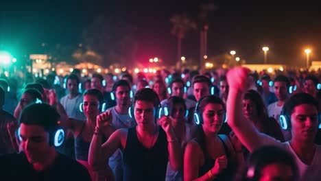 lively outdoor silent disco: a vibrant crowd dances under colorful lights during a nighttime event with headphones and joyful atmosphere