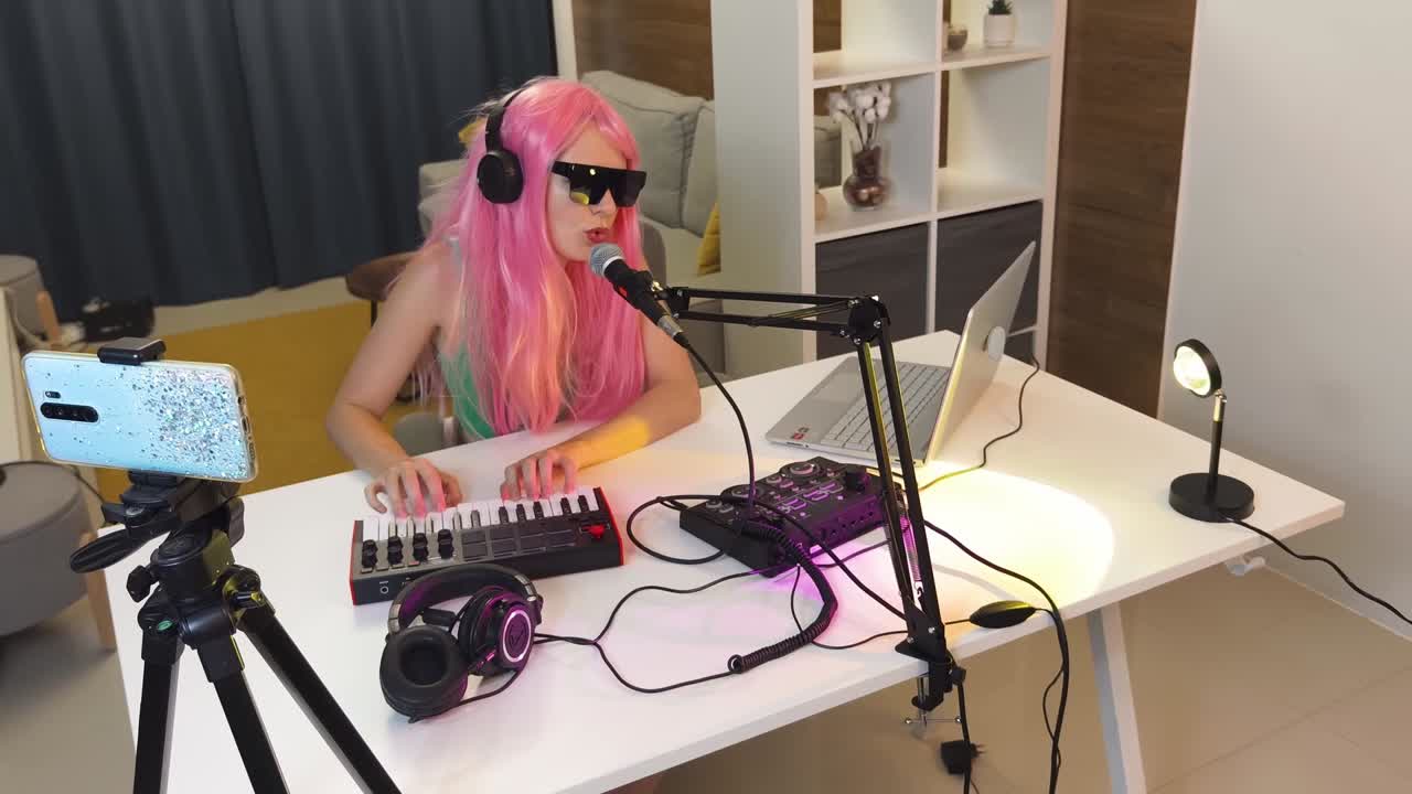 mujer interpretando música en línea en un estudio casero