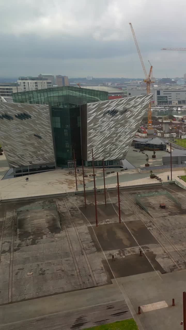 Reversing social ratio aerial video of Titanic Belfast in Northern Ireland, UK. Produced in 1080x1920, 60FPS and with Rec709 color