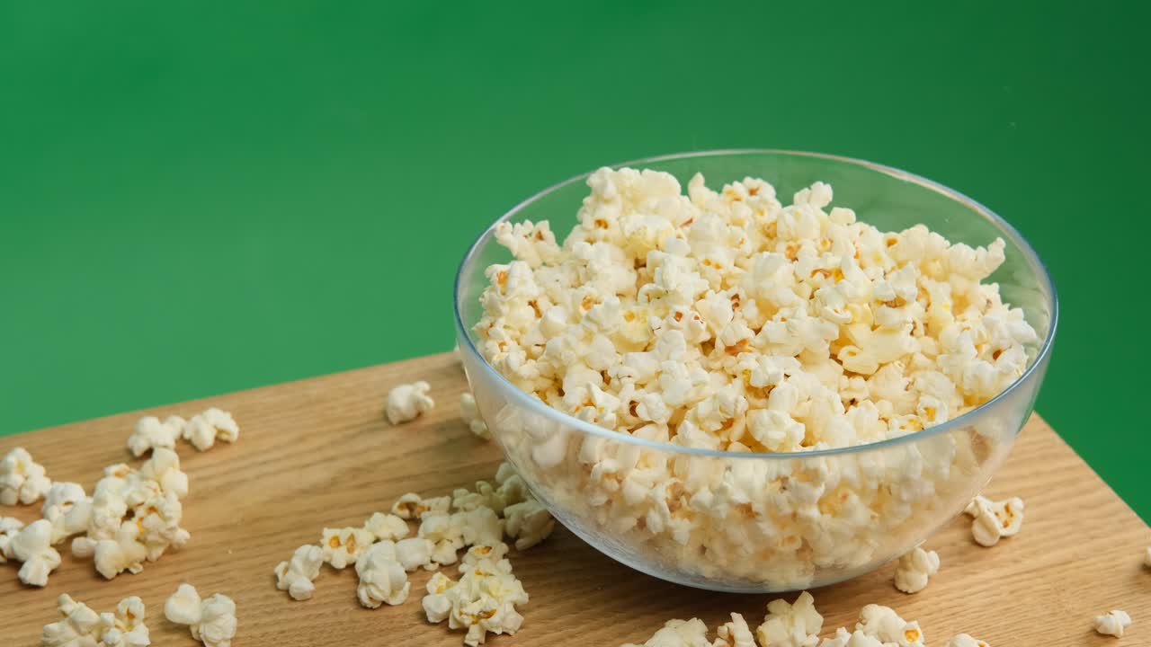 Popcorn fyller en tallrik, kromakey-bakgrund, slow motion