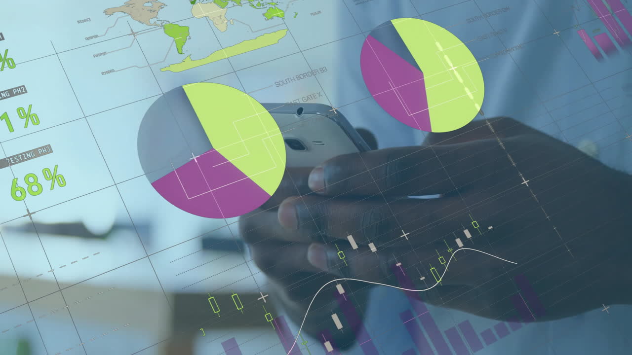 Animazione di elaborazione dati e diagrammi su uomo d'affari birazziale che usa uno smartphone.