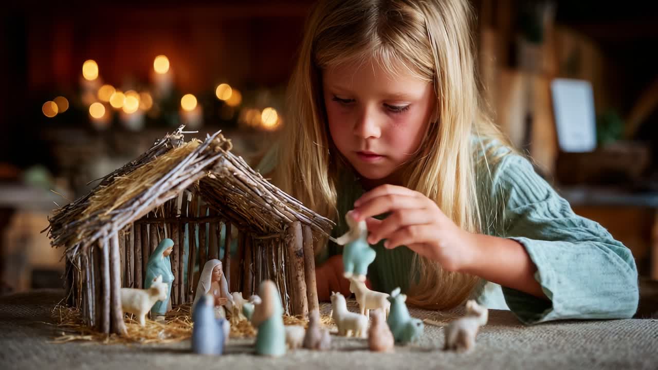 Una bambina assorta in un gioco di immaginazione con un presepe in miniatura, che sistema con cura le statuine in una stanza accogliente circondata dalla luce soffusa delle candele e da decorazioni calde.